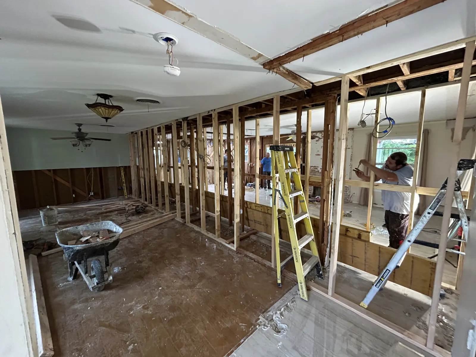 Load bearing wall stripped to the studs during a kitchen remodel